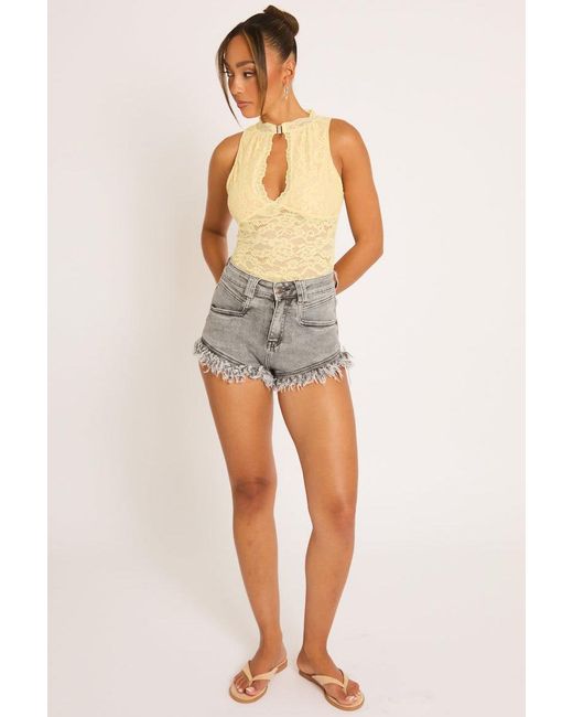 Rebellious Fashion Gray Acid Wash Denim Frayed Micro Shorts
