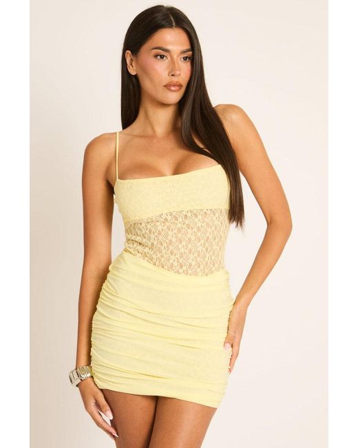 Rebellious Fashion Yellow Lace Ruched Drape Mini Dress