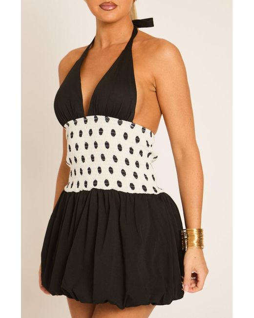 Rebellious Fashion Black Polka Dot Shirred Waist Mini Dress