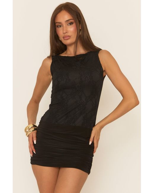 Rebellious Fashion Black Lace Ruched Mini Dress