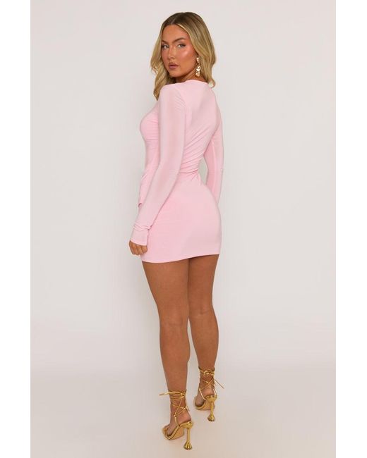 Rebellious Fashion Pink Knot Front Long Sleeve Mini Dress