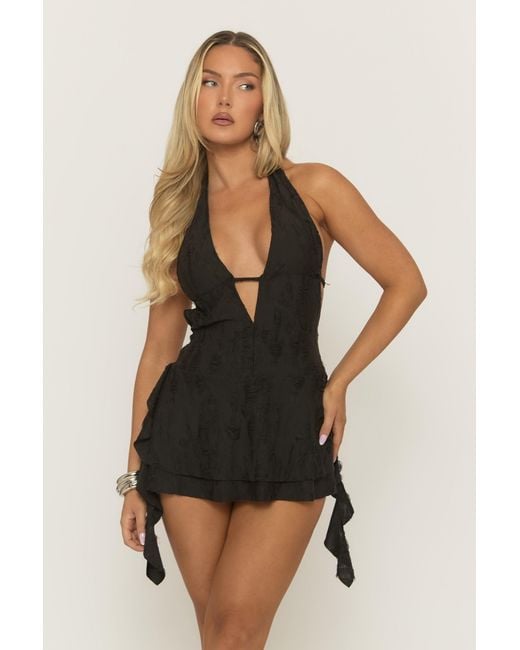 Rebellious Fashion Brown Distressed Plunge Mini Dress