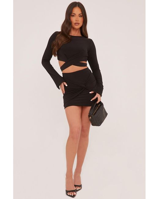 Rebellious Fashion Black Long Sleeve Cropped Top & Twist Detail Mini Skirt Co-Ord Set