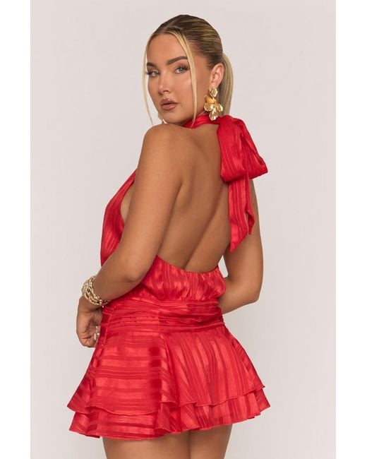 Rebellious Fashion Red Halterneck Blouson Ruffle Mini Dress