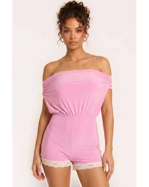 Rebellious Fashion Pink Off Shoulder Bardot Lace Trim Playsuit