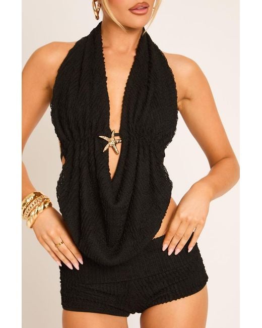 Rebellious Fashion Black Textured Starfish Trim And Short Co-Ord Set