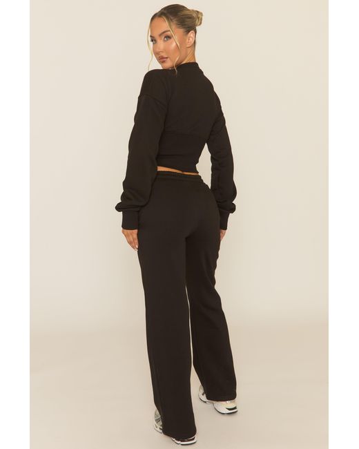 Rebellious Fashion Black Popper Front Cinched Waist Sweatshirt And Wide Leg Trousers Loungewear Co-Ord Set