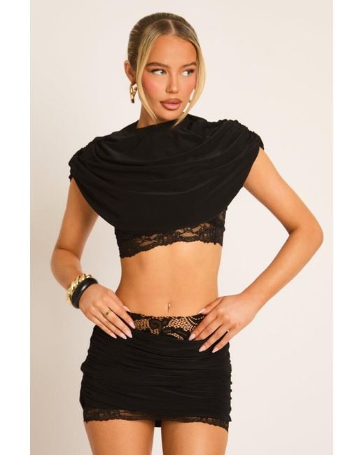 Rebellious Fashion Black Lace Trim Cape Top And Mini Skirt Co-Ord Set