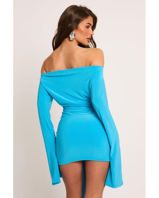 Rebellious Fashion Blue Electric Long Flared Sleeves Drape Detail Bodycon Mini Dress