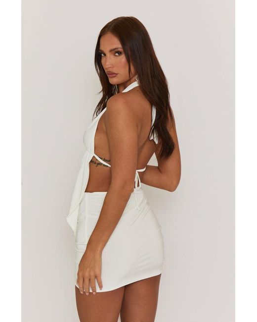 Rebellious Fashion White Plunge Neck Cowl Detail Top & Mini Skirt Co-Ord Set