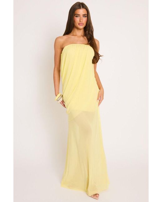 Rebellious Fashion Yellow Bandeau Mesh Overlay Maxi Dress