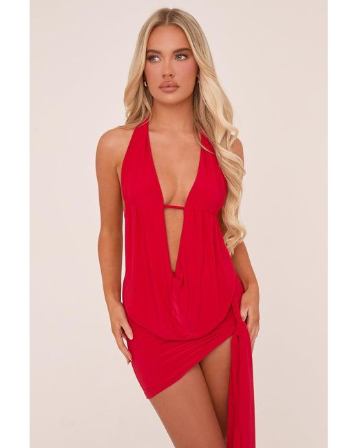 Rebellious Fashion Red Plunge Neck Cowl Detail Top & Mini Skirt Co-Ord Set