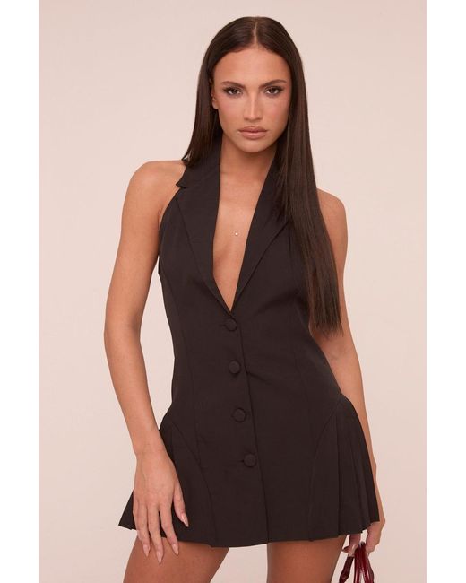 Rebellious Fashion Black Halter Neck Button Up Front Pleated Mini Dress