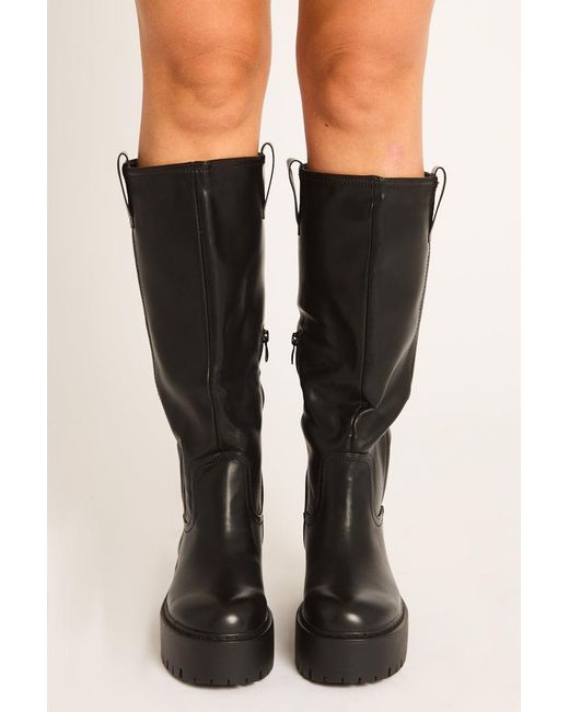 Rebellious Fashion Black Pu Chunky Sole Knee High Boots