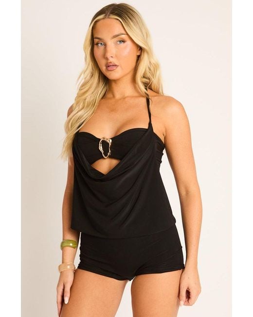 Rebellious Fashion Black Trim Cowl Halter Top And Shorts Co-Ord Set