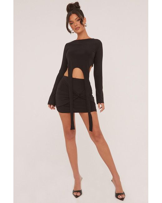 Rebellious Fashion Black Long Sleeve Cropped Top & Twist Detail Mini Skirt Co-Ord Set