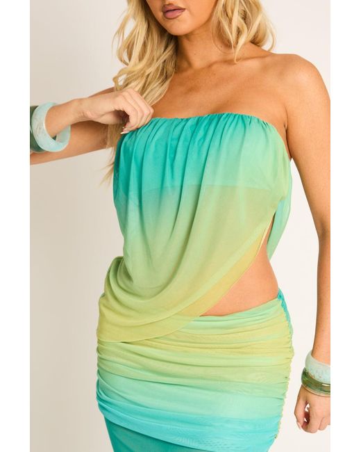 Rebellious Fashion Blue Ombre Printed Bandeau Mesh Overlay Top And Maxi Skirt Co-Ord Set