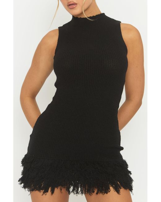 Rebellious Fashion Black Fringed Hem Knit Mini Dress