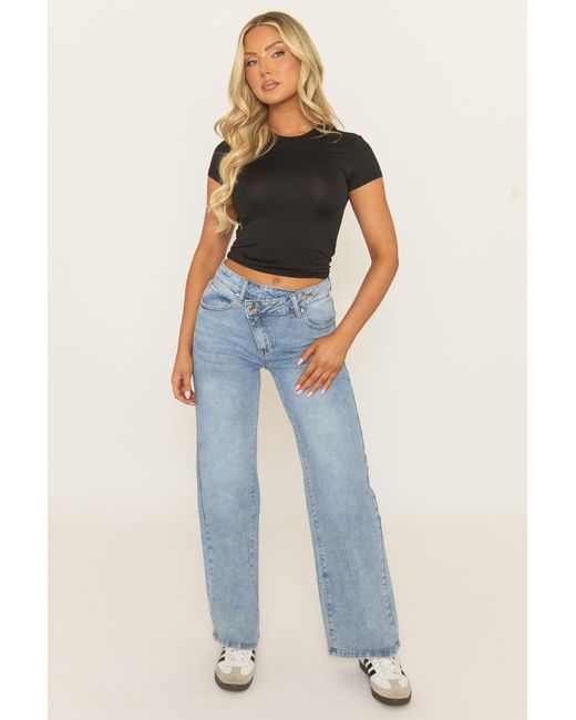 Rebellious Fashion Blue Mid Asymmetric Waist Wide Leg Denim Jeans
