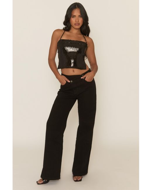 Rebellious Fashion Black Sequin Cowl Halterneck Crop Top