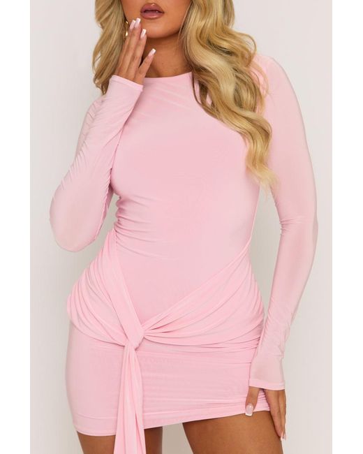 Rebellious Fashion Pink Knot Front Long Sleeve Mini Dress