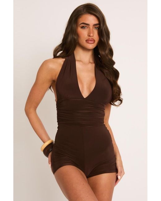 Rebellious Fashion Brown Halter Neck Plunge Tie Back Playsuit