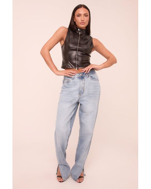 Rebellious Fashion Black Mid Wash Straight Leg Side Split Hem Jeans