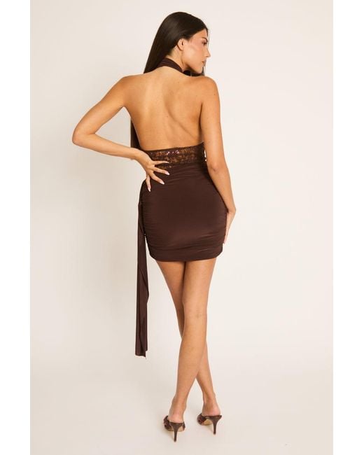 Rebellious Fashion Brown Lace Insert Tie Side Mini Dress