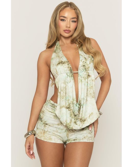 Rebellious Fashion Green Multi Abstract Print Plunge Cowl Top & Micro Short Co-Ord Set