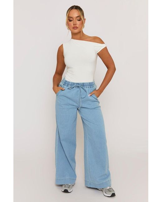 Rebellious Fashion Blue Light Wash Elasticated Waist Wide Leg Jeans