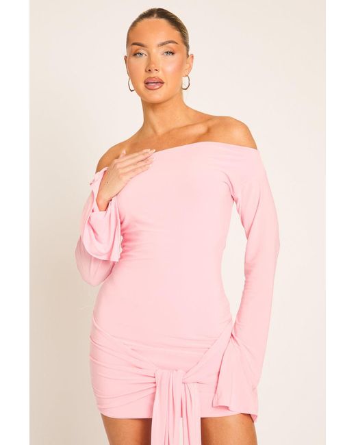 Rebellious Fashion Pink Long Flared Sleeves Drape Detail Bodycon Mini Dress