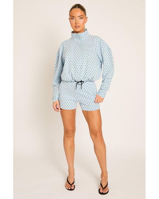 Rebellious Fashion Blue High Neck Zip Up Jacket And Shorts Co-Ord Set