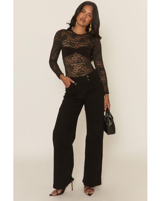 Rebellious Fashion Black Lace Gathered Bust Bodysuit