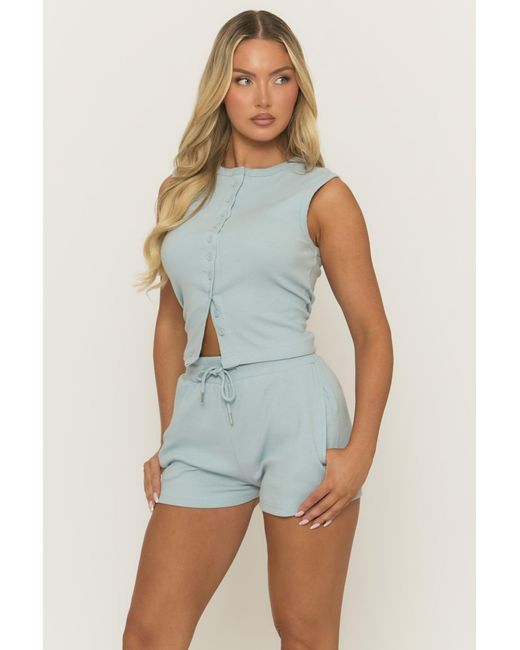 Rebellious Fashion Blue Light Sleeveless Button Front Rib Top And Short Co-Ord Set