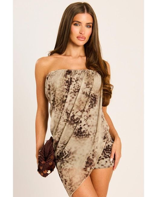 Rebellious Fashion Natural Abstract Print Bandeau Mesh Overlay Mini Dress