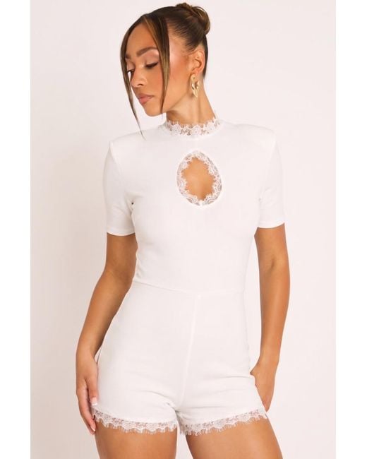 Rebellious Fashion White Shoulder Pad Lace Trim Playsuit