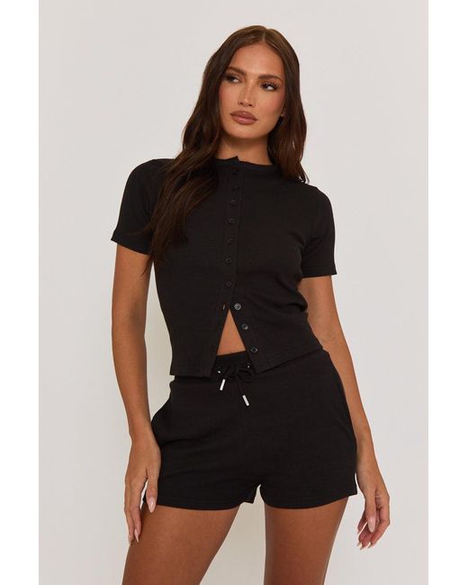Rebellious Fashion Black Rib Button Front Top And Short Loungewear Co-Ord Set