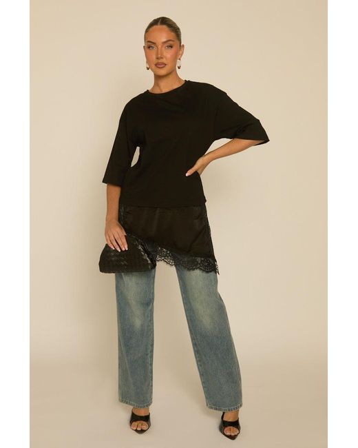 Rebellious Fashion Natural Satin Lace Hem Oversized T-Shirt