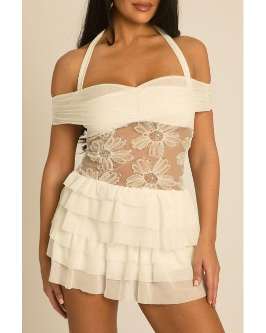 Rebellious Fashion Natural Floral Embroidered Ruffle Mini Dress