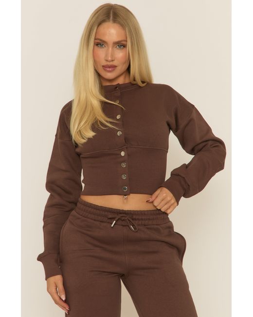 Rebellious Fashion Natural Popper Front Cinched Waist Sweatshirt And Wide Leg Trousers Loungewear Co-Ord Set