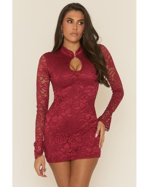 Rebellious Fashion Red Lace High Neck Mini Dress