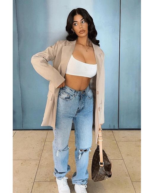 Rebellious Fashion Blue Mid Wash Denim Distressed Knee Extra Long Jeans