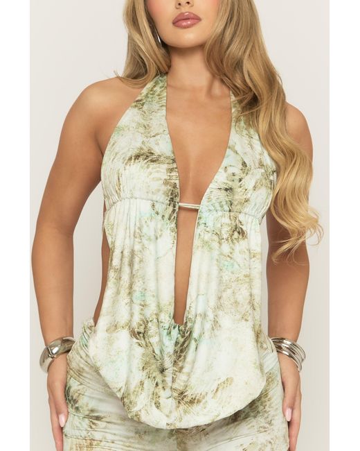 Rebellious Fashion Green Multi Abstract Print Plunge Cowl Top & Micro Short Co-Ord Set