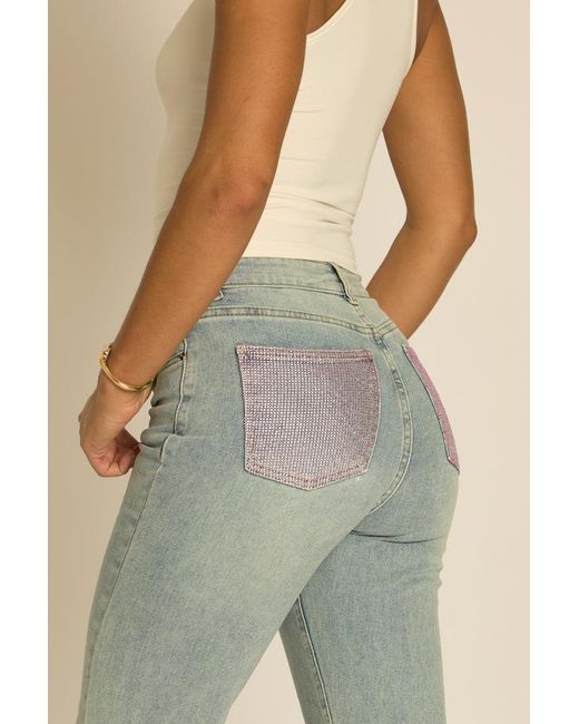 Rebellious Fashion Natural Washed Stretch Hotfix Pocket Detail Jeans