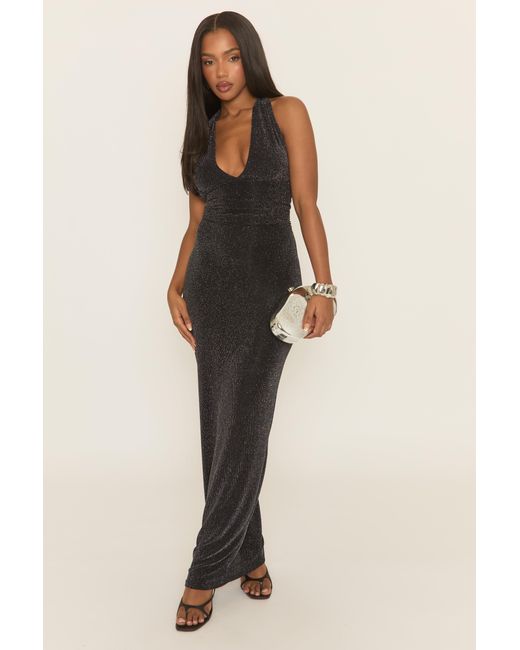 Rebellious Fashion Black Glitter Halterneck Tie Back Maxi Dress