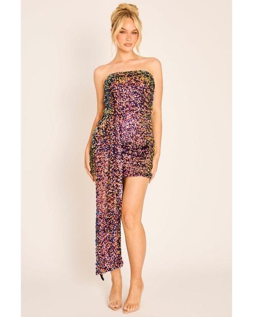 Rebellious Fashion Pink Multi Sequin Bandeau Drape Mini Dress