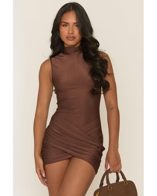Rebellious Fashion Brown Wrap Front Mini Dress