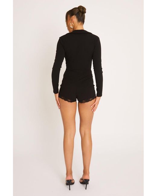 Rebellious Fashion Black Plunge Lace Detail Blazer Playsuit