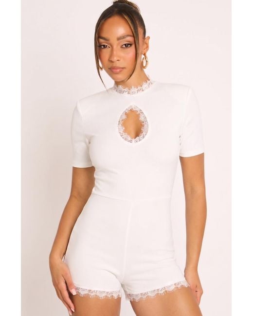 Rebellious Fashion White Shoulder Pad Lace Trim Playsuit