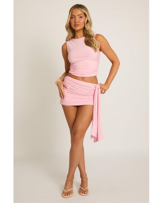 Rebellious Fashion Pink Ruched Sleeveless Cropped Top & Mini Skirt Co-Ord Set
